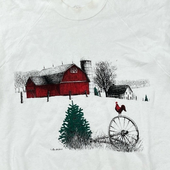 Vintage 1980s Barn Winter Landscape Outdoor Country Crewneck 80s Sweatshirt - Picture 2 of 3